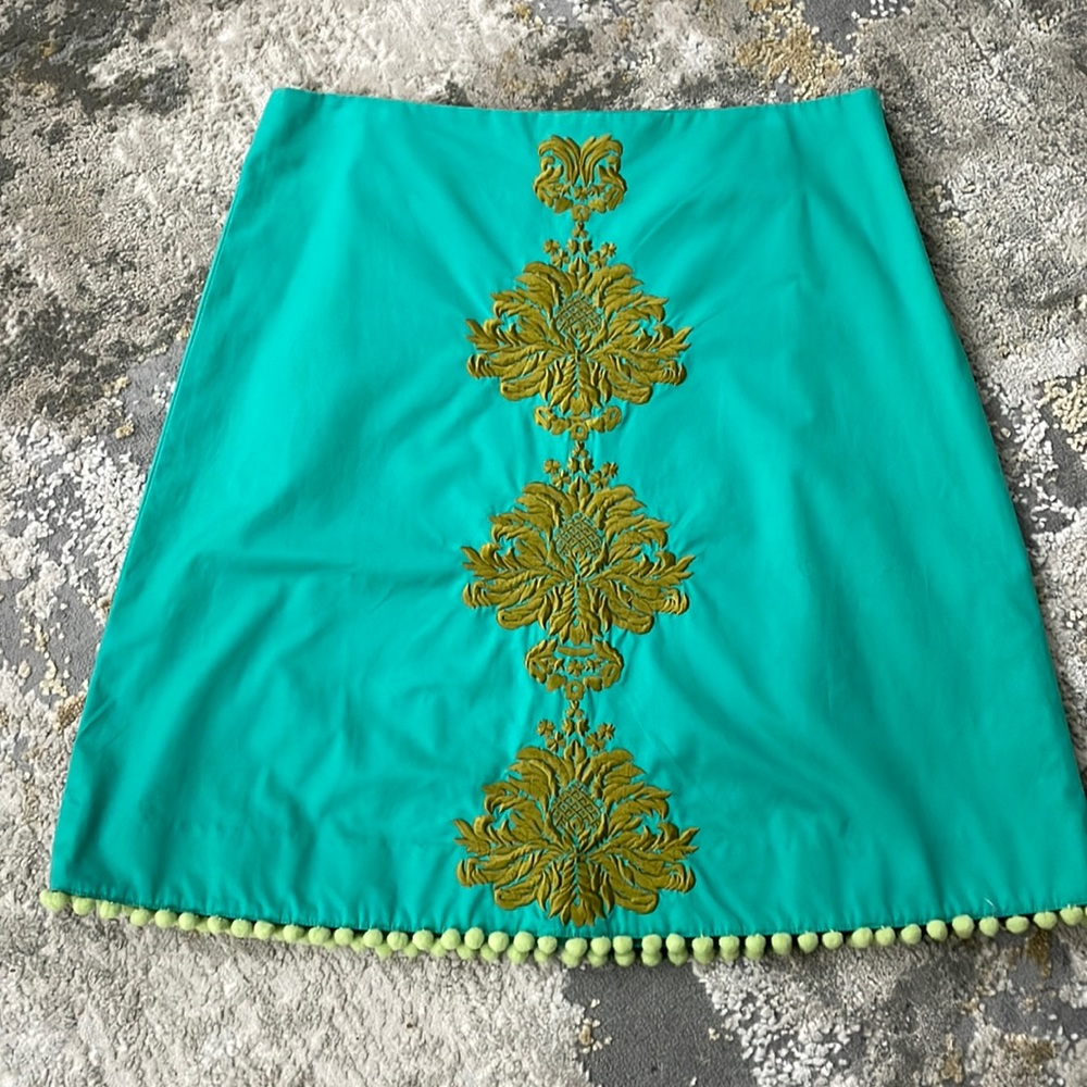 Anthropologie Turquoise A-Line Skirt with Gold Embroidery